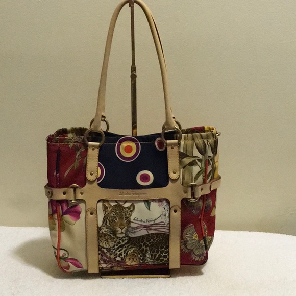 Salvatore Ferragamo Safari Animal Print Handbag in Graphic Nylon (10.6" x 9.44") - Picture 1 of 12